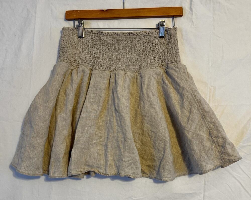 J.Crew Smocked Waist Linen Mini Skirt Oatmeal Beige Women Large Preppy Coastal